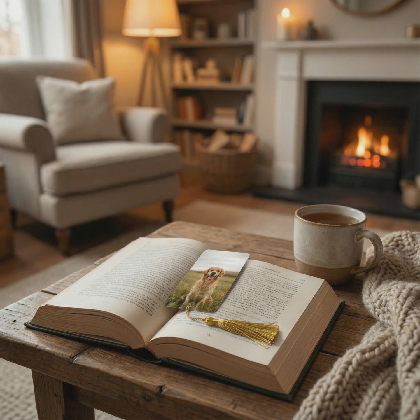 Video showing a personalised pet photo bookmark featuring a golden retriever lying on an open book in a cosy living room with a fireplace. Custom metal bookmark gift for dog lovers.