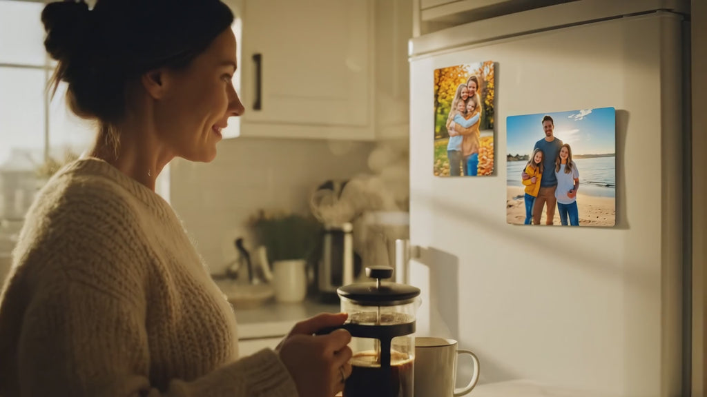 Video showing personalised photo fridge magnets in a cosy kitchen setting. A woman smiles at her custom family memories printed on metal magnets while pouring morning coffee.