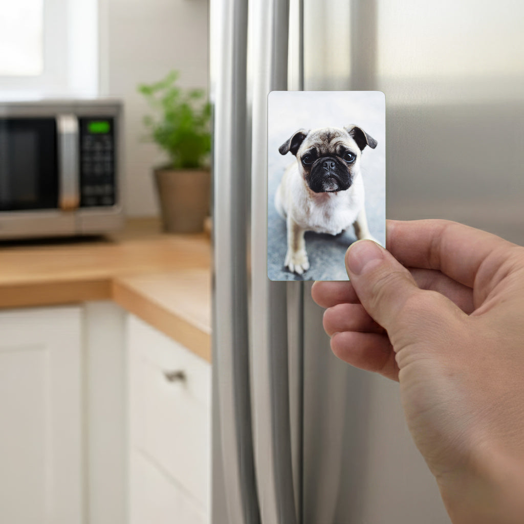 Hand placing personalised pug fridge magnet on stainless steel refrigerator, perfect pug gift for owners and dog lovers
