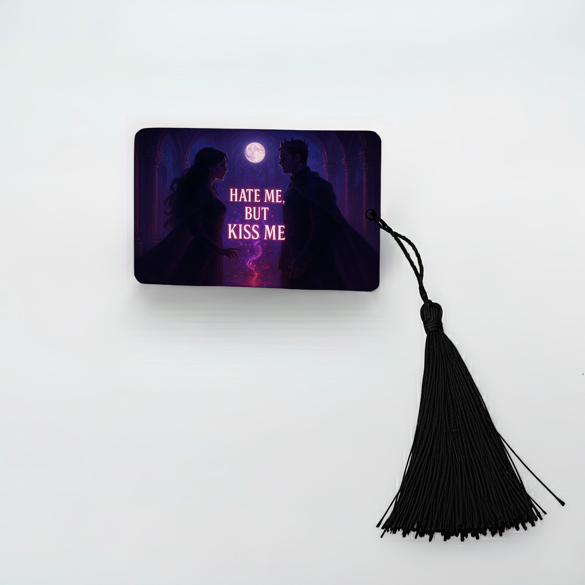 Enemies to lovers romantasy metal bookmark in purple tones titled “Hate Me, But Kiss Me,” gothic palace scene with black tassel, UK handmade.