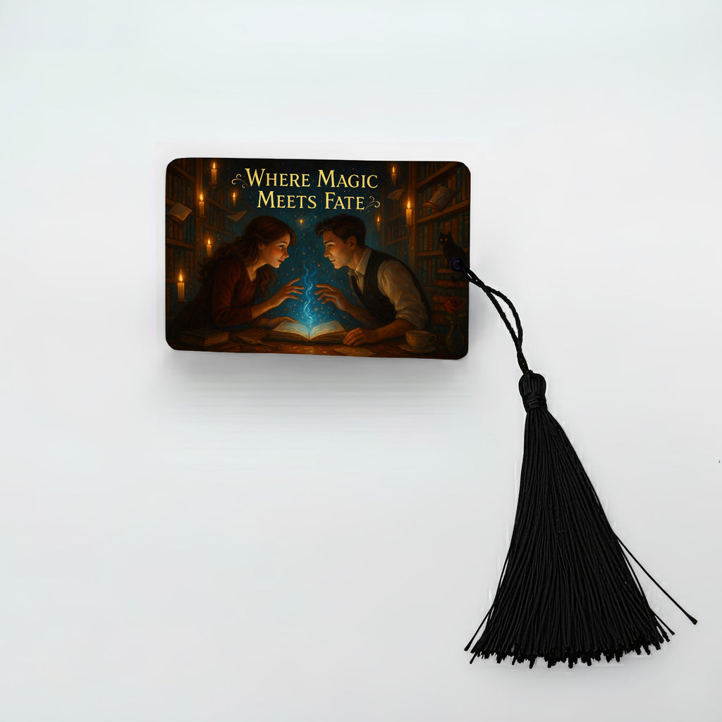 Romantasy metal bookmark titled “Where Magic Meets Fate,” depicting magical library lovers with glowing book, black tassel, fantasy BookTok gift.