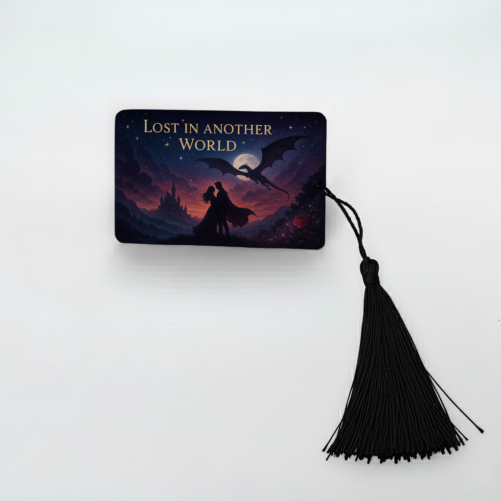 Fantasy romantasy metal bookmark “Lost in Another World” showing couple with dragon under moonlight, black tassel, UK handmade BookTok gift.