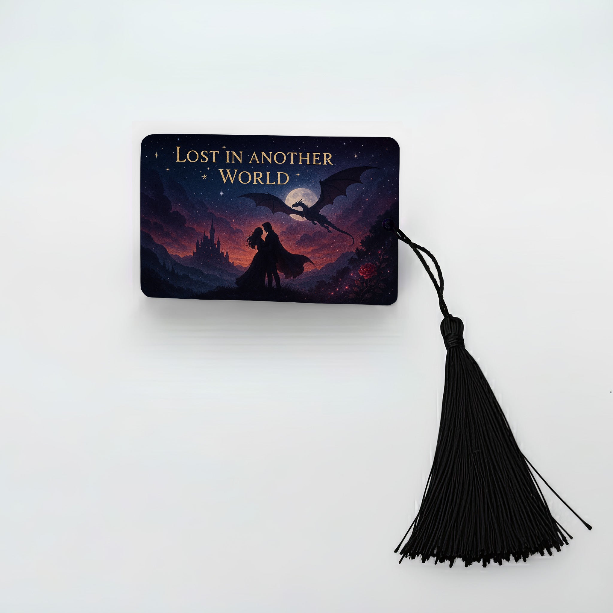 Fantasy romantasy metal bookmark “Lost in Another World” showing couple with dragon under moonlight, black tassel, UK handmade BookTok gift.
