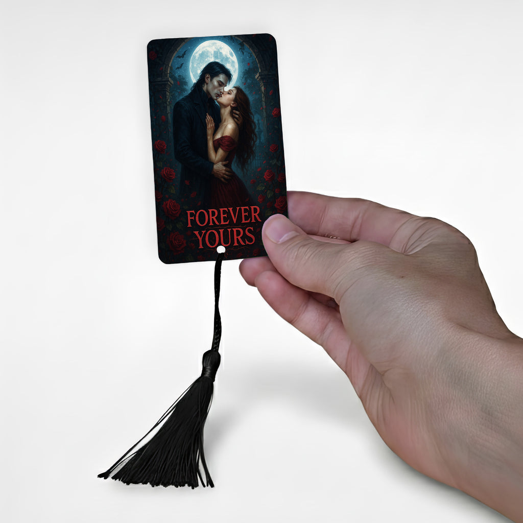 Romantasy metal bookmark titled “Forever Yours” with vampire couple under full moon, red rose accents, black tassel, gothic fantasy gift UK.