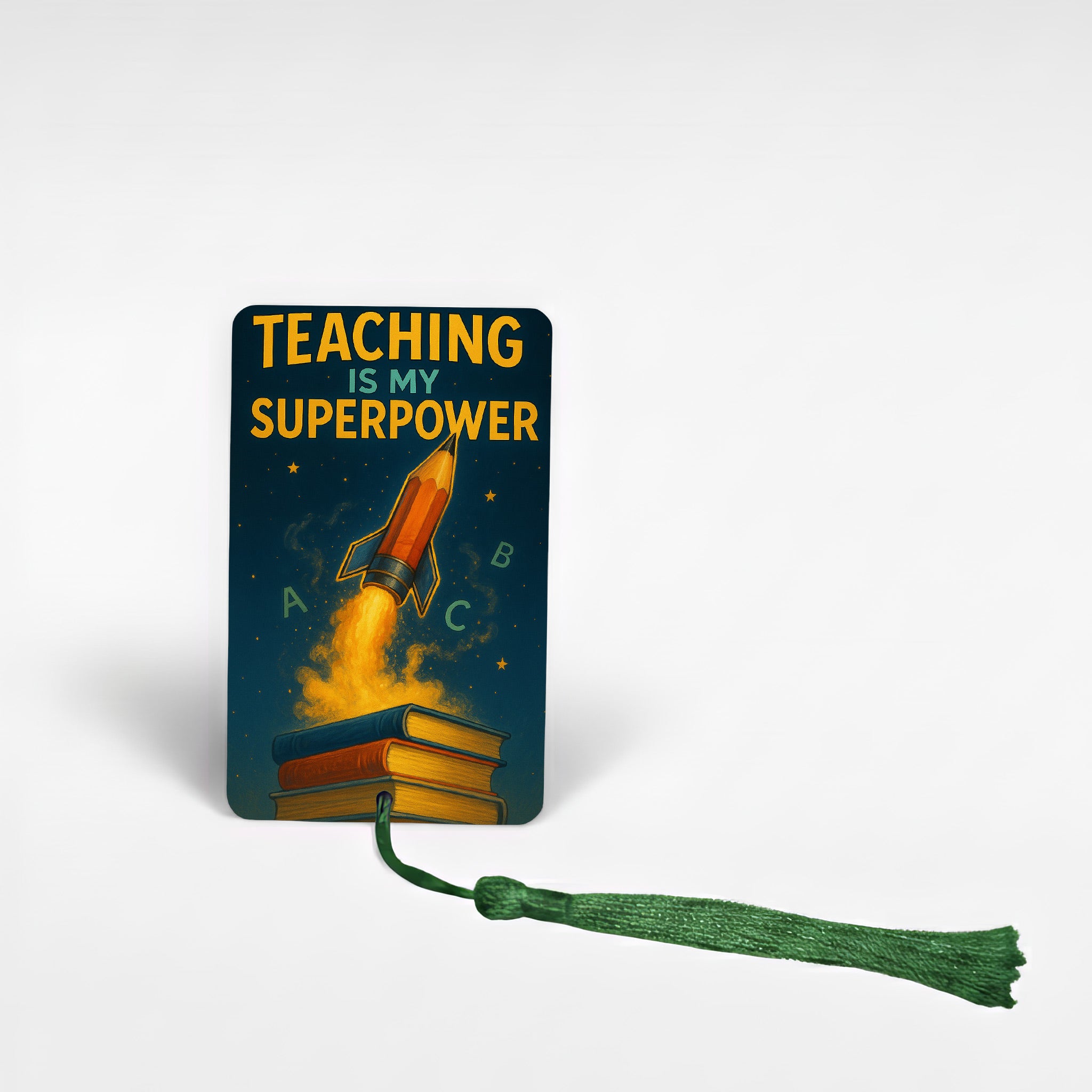 Teacher appreciation metal bookmark with “Teaching is My Superpower” rocket pencil design and green tassel