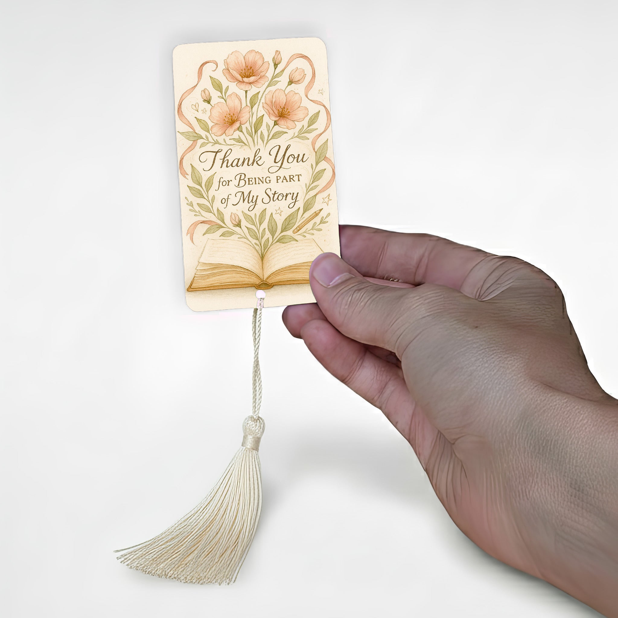 Personalised teacher bookmark with floral illustration and “Thank You for Being Part of My Story” quote held in hand