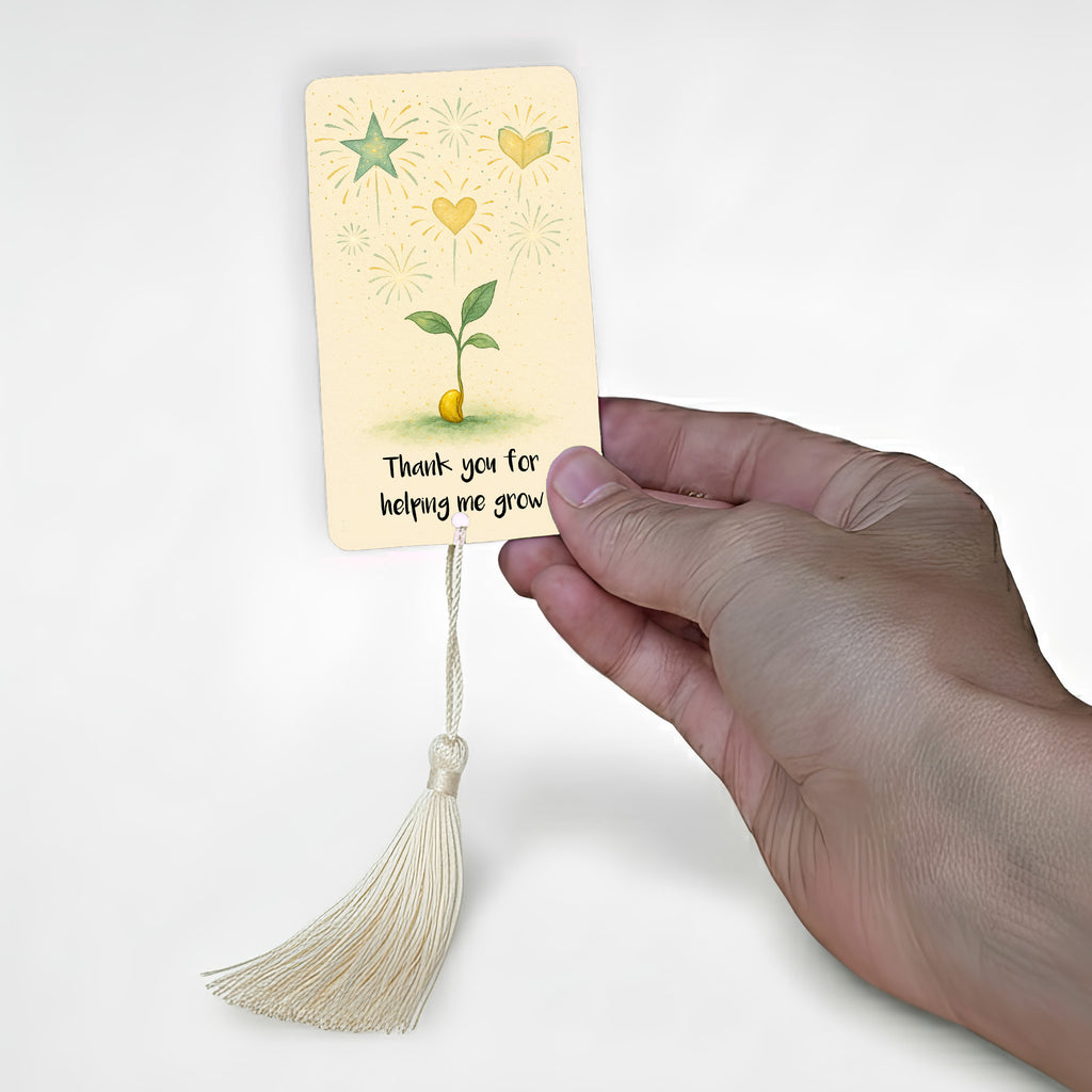 Personalised bookmark for teacher with sprouting plant and “Thank you for helping me grow” message