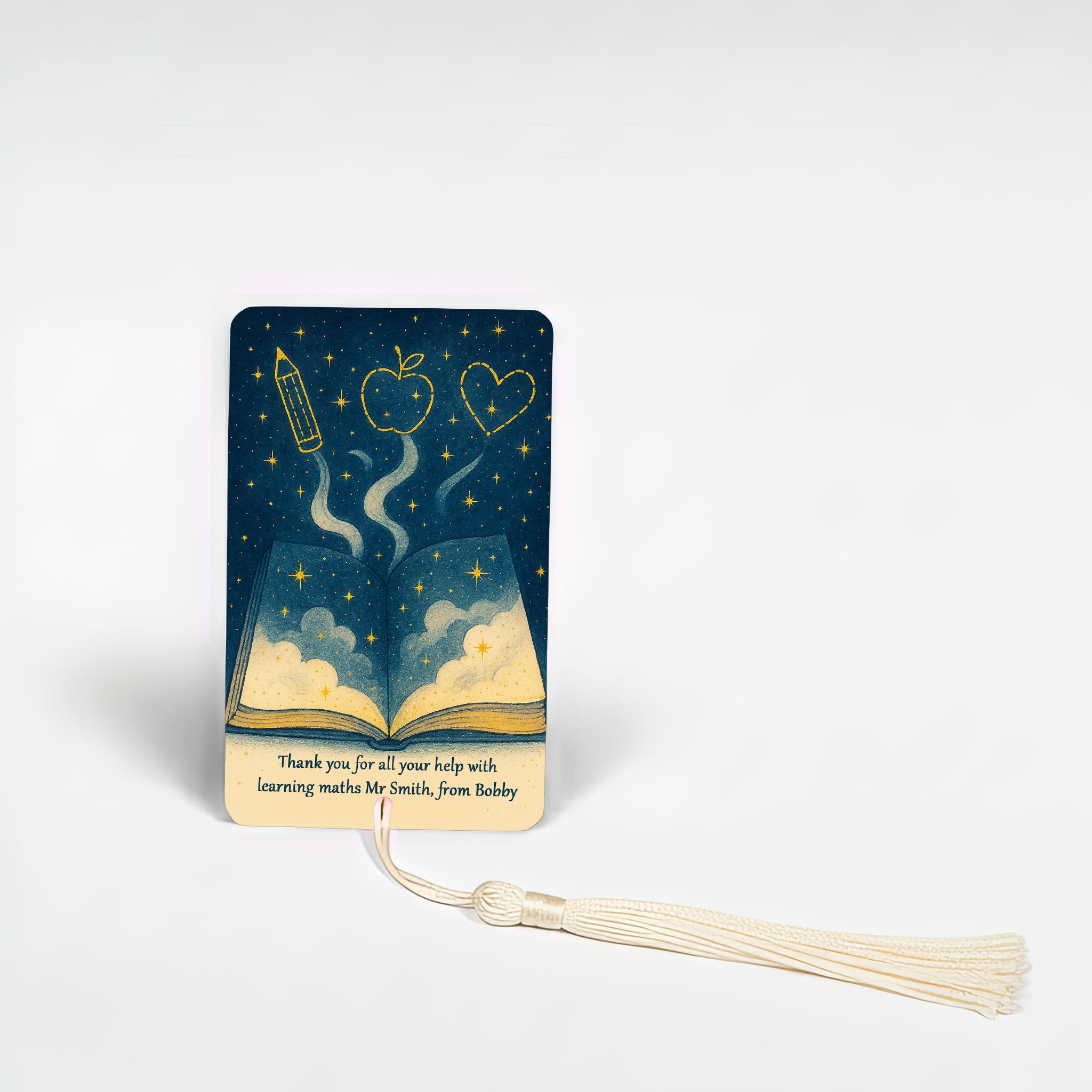 Personalised teacher bookmark with night sky book illustration and custom thank you message from pupil