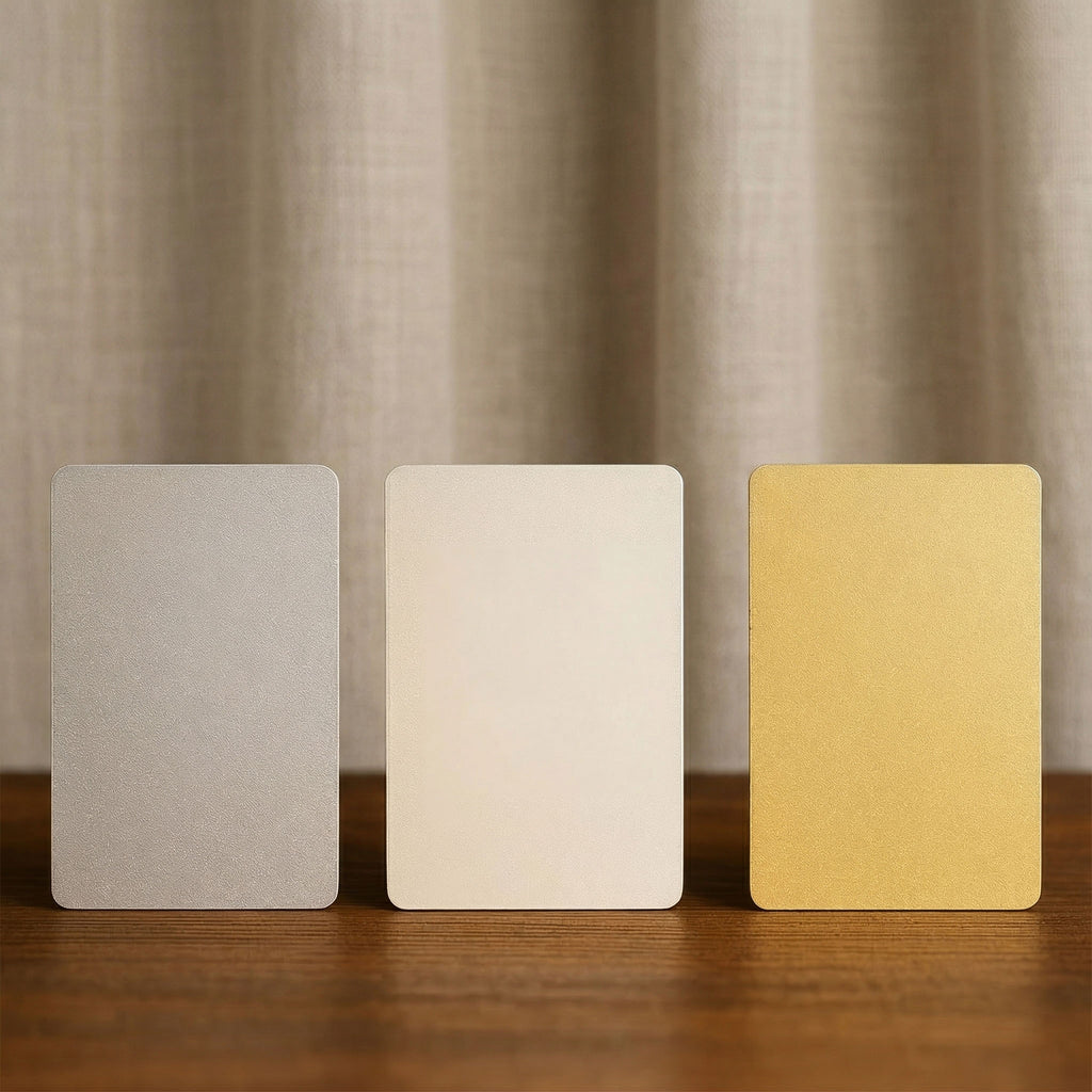 Three blank aluminium wallet cards standing upright, displaying the available finish options: brushed silver, standard white shimmer, and champagne gold.