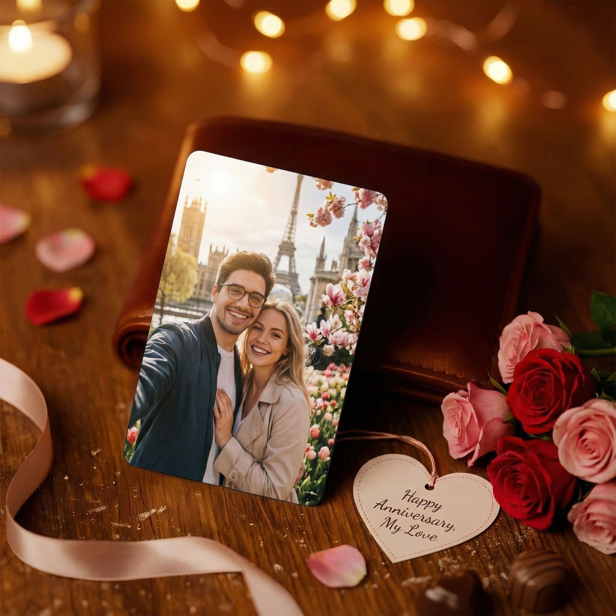 Portrait orientation personalised photo wallet card featuring a couple in Paris, displayed against a leather wallet with red roses as a romantic anniversary gift for him.