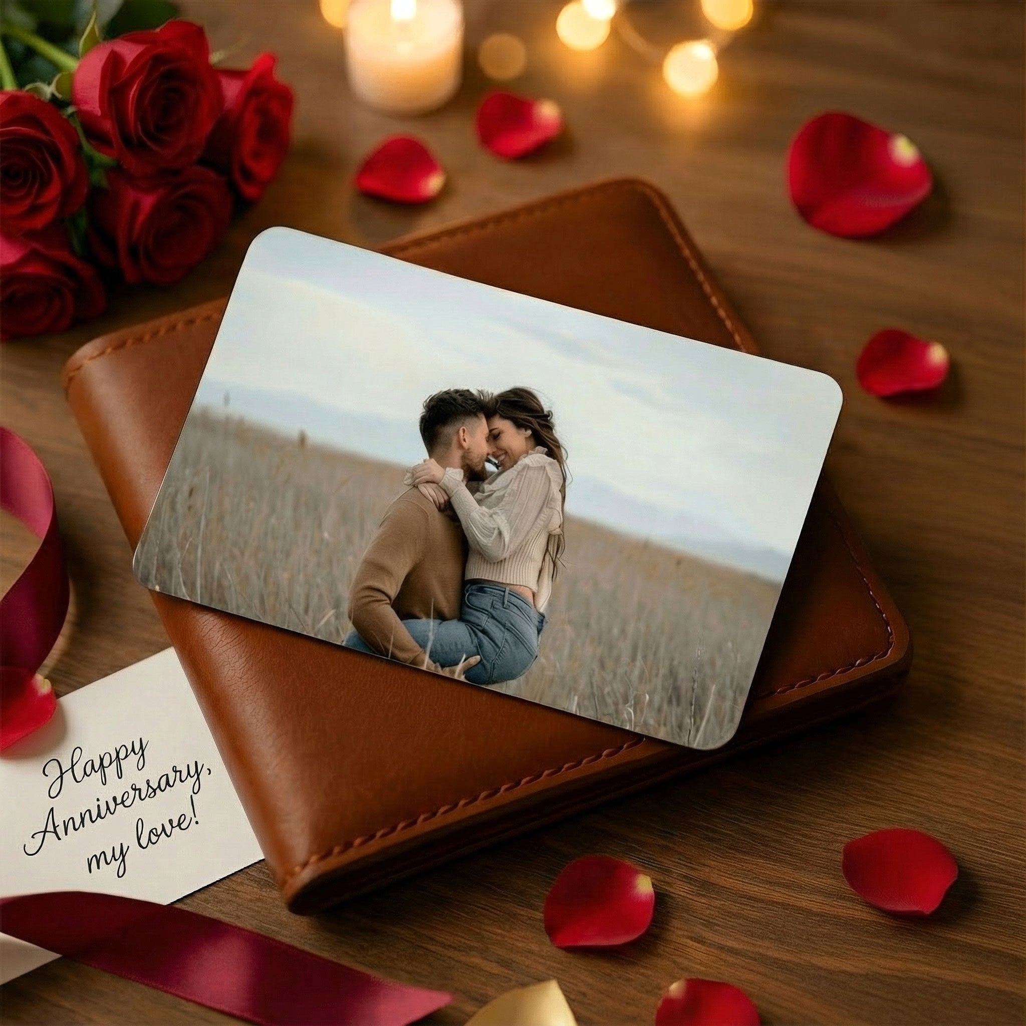 Landscape printed metal wallet card Anniversary gift resting on a leather wallet, featuring a romantic photo of a couple hugging, surrounded by red roses.