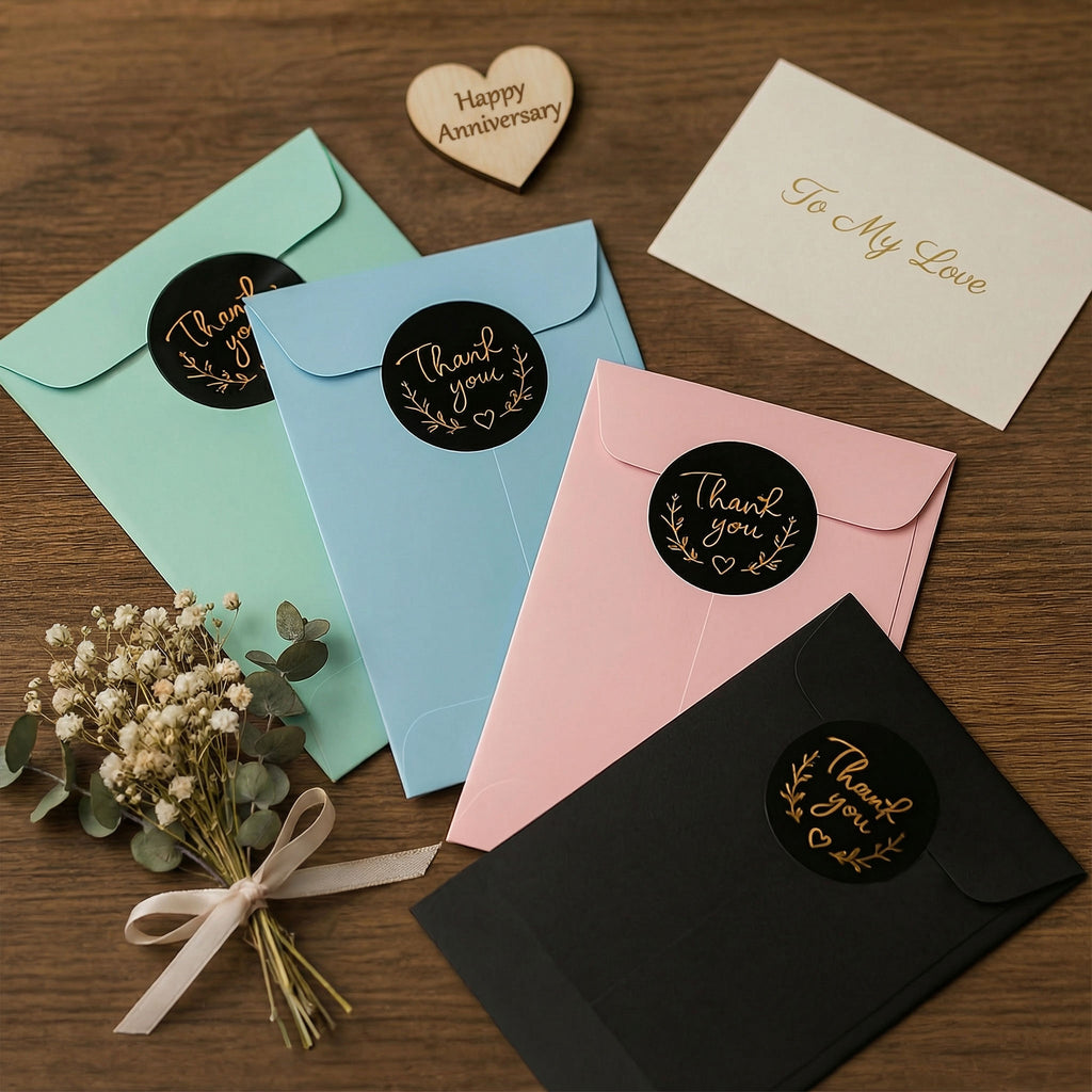 Gift packaging selection for personalised wallet cards, showing various coloured presentation envelopes topped with 'Thank You' stickers.
