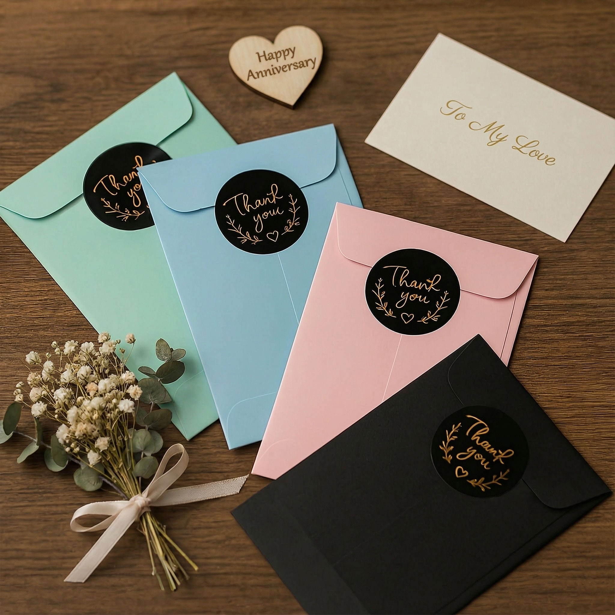 Gift packaging selection for personalised wallet cards, showing various coloured presentation envelopes topped with 'Thank You' stickers.