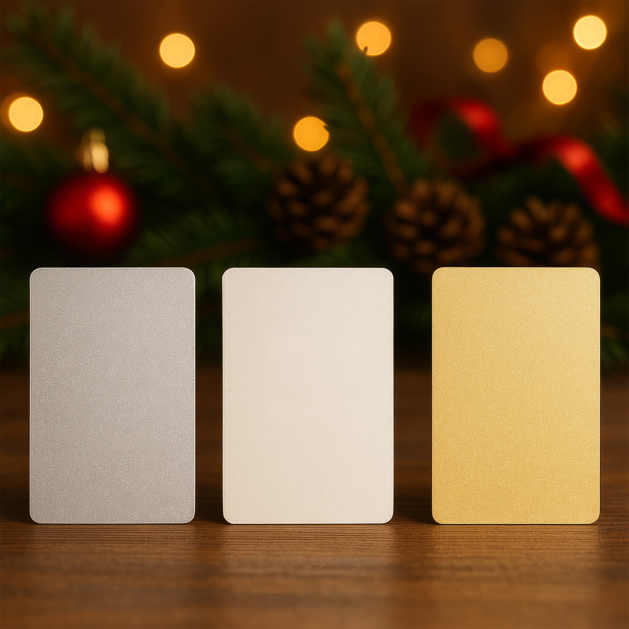 Three personalised metal wallet cards in silver, ivory, and gold finishes displayed on a festive wooden table with Christmas decorations — unique custom Christmas gift idea for boyfriend or husband.