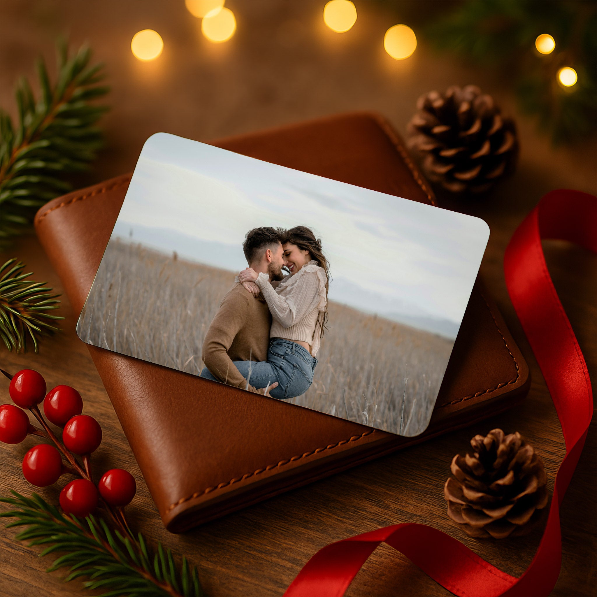 Custom metal photo wallet card featuring a couple embracing in a field, presented on a leather wallet with Christmas ribbon and pine cones — sentimental Christmas present for him.