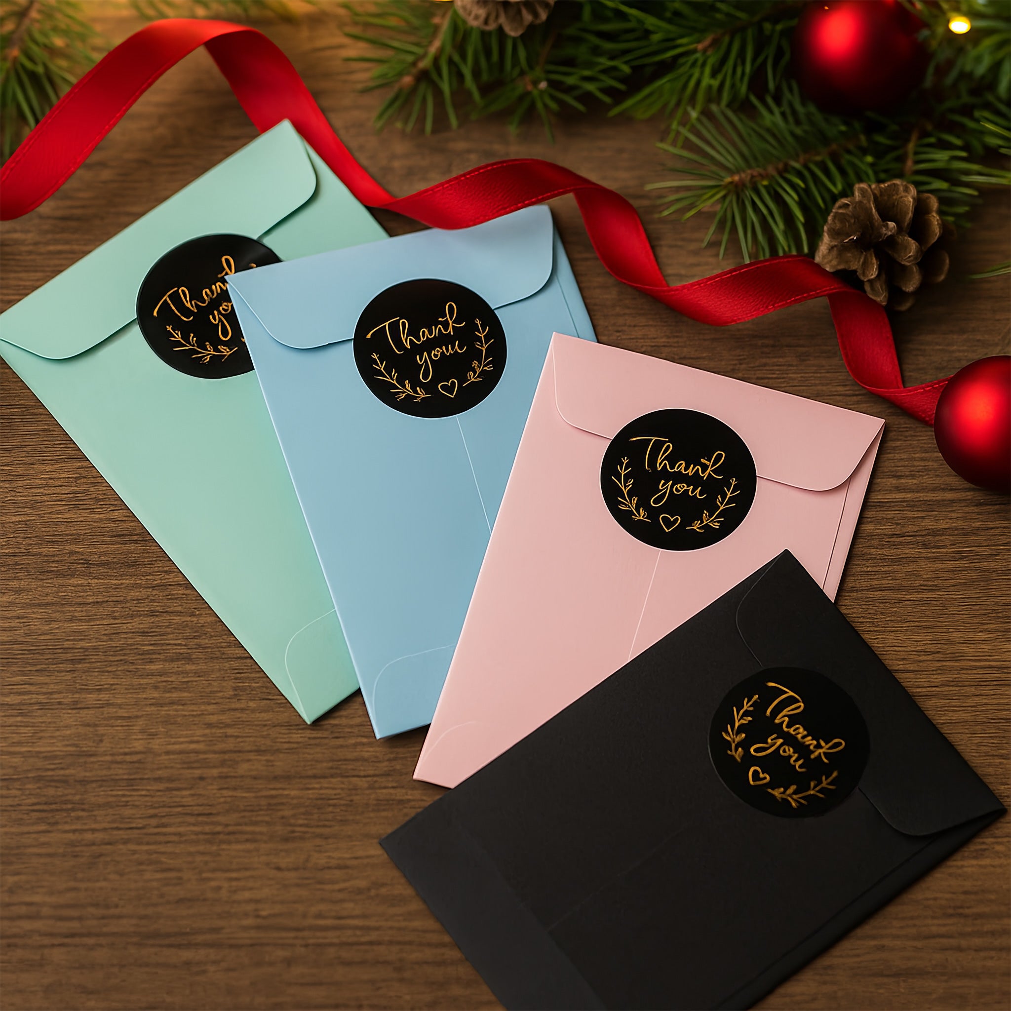 Festive gift packaging with colourful envelopes and thank-you stickers — elegant presentation for personalised Christmas gifts for him or boyfriend.