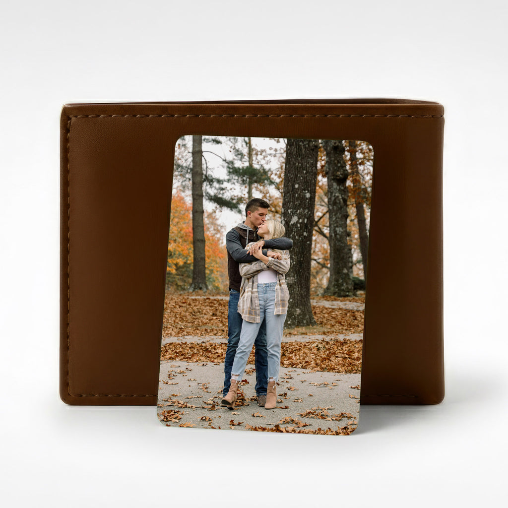 Personalised photo wallet card featuring couple hugging in autumn park, displayed on brown wallet — timeless Christmas gift for boyfriend, husband, or fiancé in the UK.
