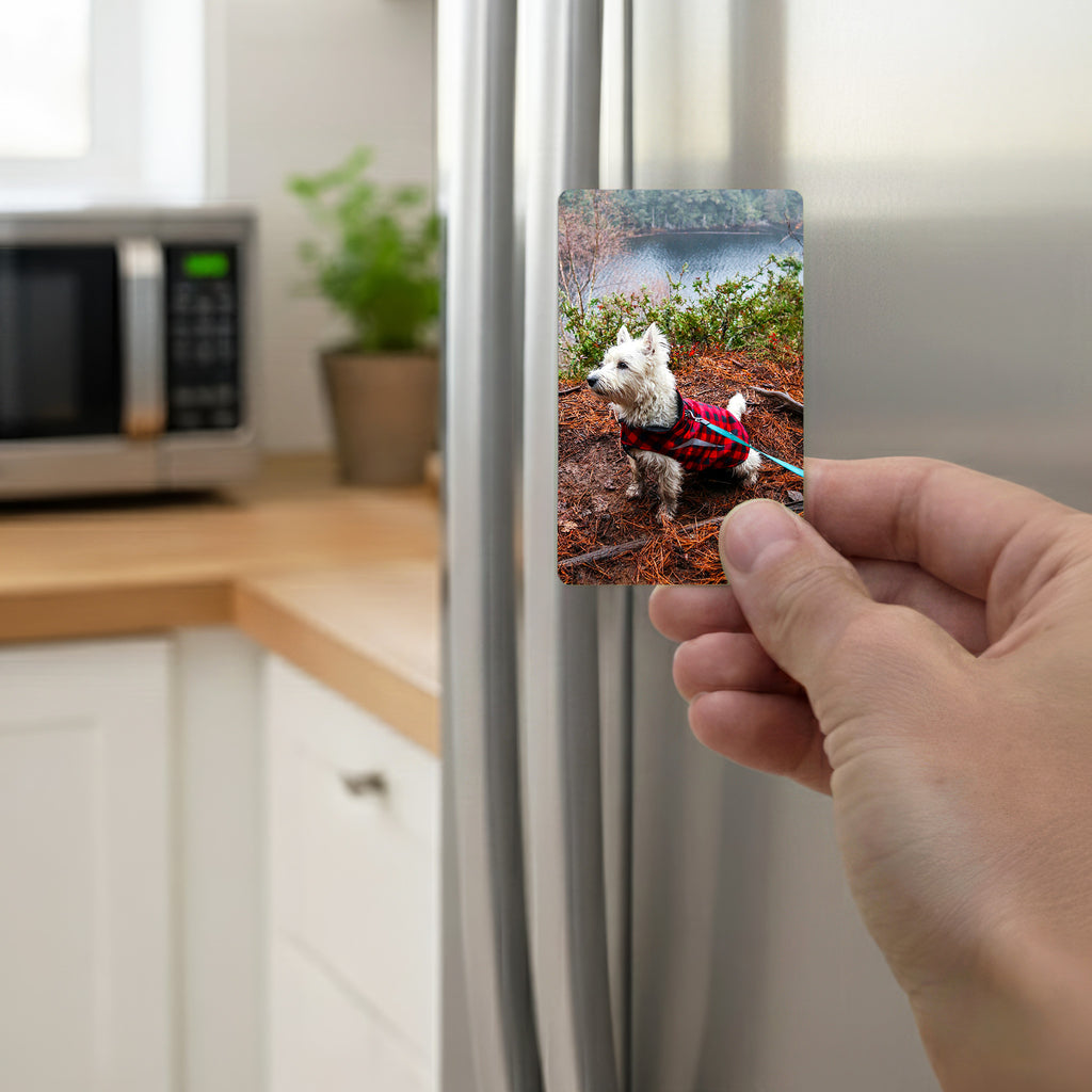 Hand holding personalised Westie fridge magnet on stainless steel refrigerator, custom West Highland Terrier gift ideal for Westie owners and dog lovers in the UK